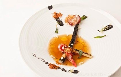 Cured lobster and charred leek with leek consommé