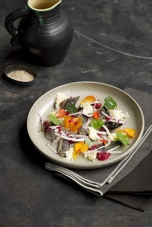 Cured mackerel, nasturtium, coconut & rhubarb