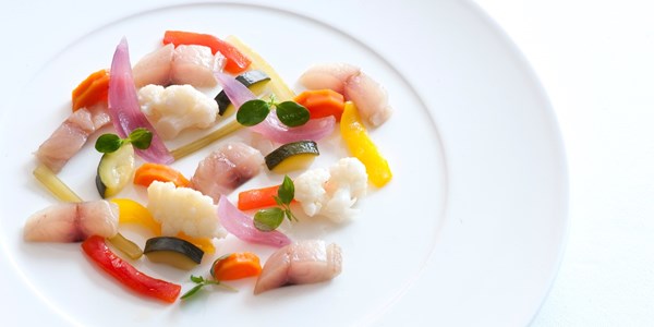 Cured mackerel with sweet pickled vegetables