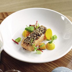 Cured Mt Cook salmon with butternut puree, pickled cucumber and soy pumpkin seeds