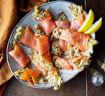 Cured salmon stuffed with latkes