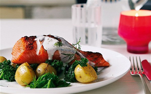 Cured salmon with dill potatoes and kale