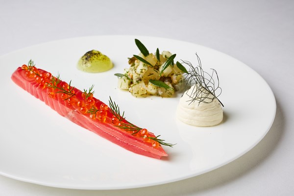 Cured salmon with pickled cucumber salad, apple gel, purslane and horseradish mousse