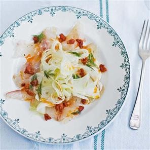 Cured sea bream with fennel salad, chorizo oil and mustard seeds