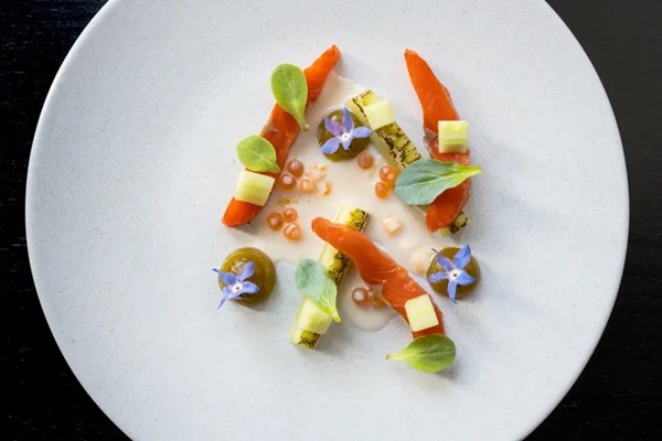 Cured sockeye salmon with blackened cucumber, cucumber ketchup, horseradish and salmon roe buttermilk sauce