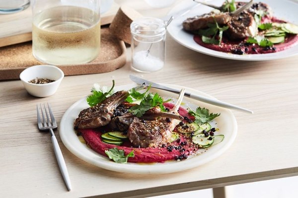 Currant & coriander lamb cutlets with tahini beetroot