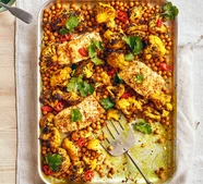Curried butter-baked cod with cauliflower & chickpeas