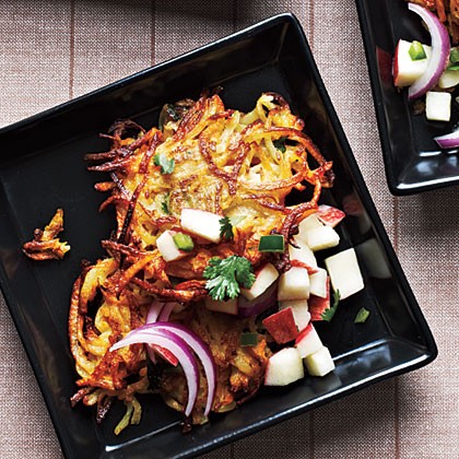 Curried butternut squash and potato latkes with apple salsa