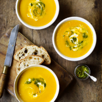 Curried carrot soup with carrot-top chutney