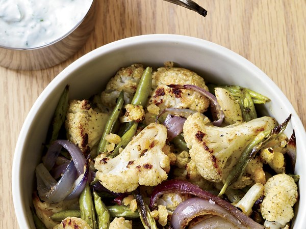 Curried-cauliflower-and-green-bean salad with lemon yogurt