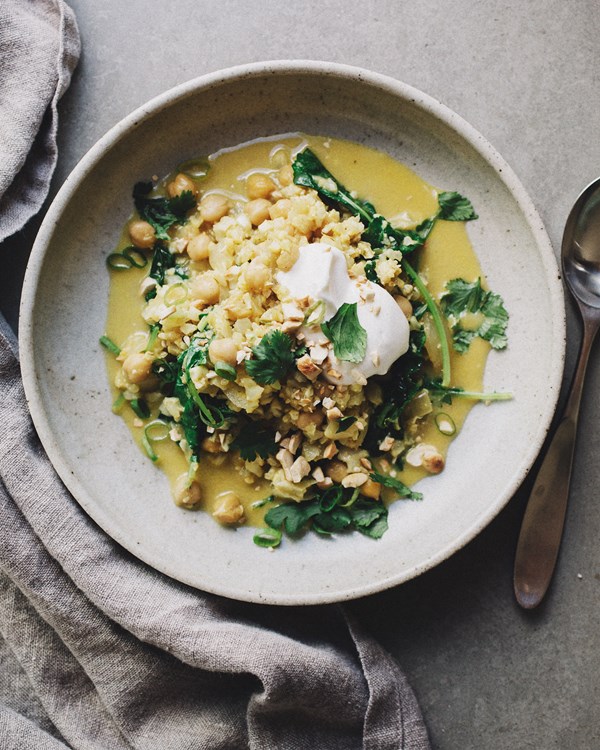 Curried cauliflower rice + chickpea saute