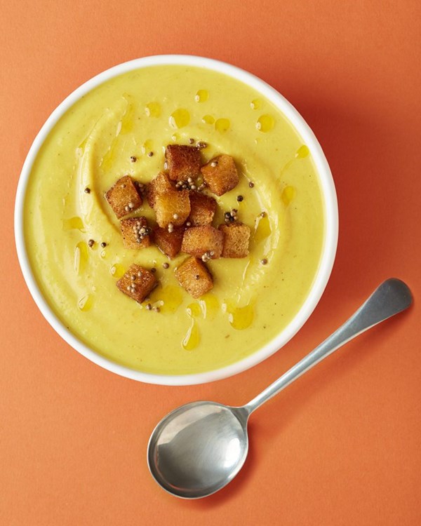 Curried cauliflower soup with spiced egg mayo