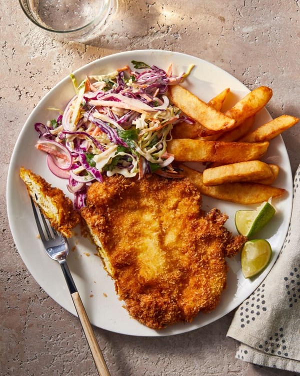 Curried chicken schnitzel with mango chutney coleslaw