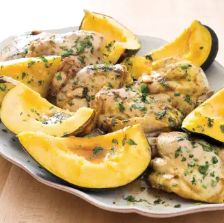 Curried chicken thighs with acorn squash
