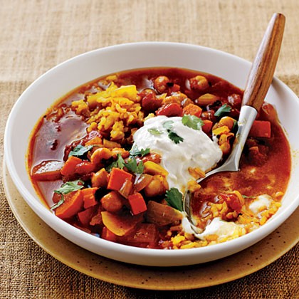 Curried chickpea stew with brown rice pilaf