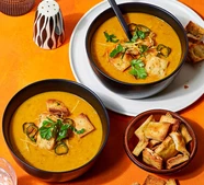 Curried coconut lentil soup with naan croutons