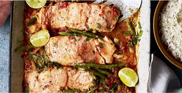 Curried coconut salmon bake