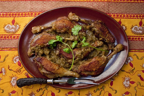 Curried duck legs with ginger and rhubarb