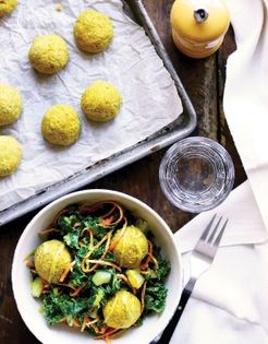 Curried falafel with kale salad