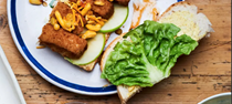Curried fish finger sandwich with Bombay mix