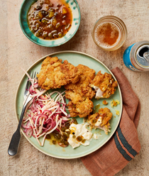 Curried fried chicken with relish and slaw
