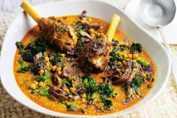 Curried lamb shank, amaranth & chickpea soup