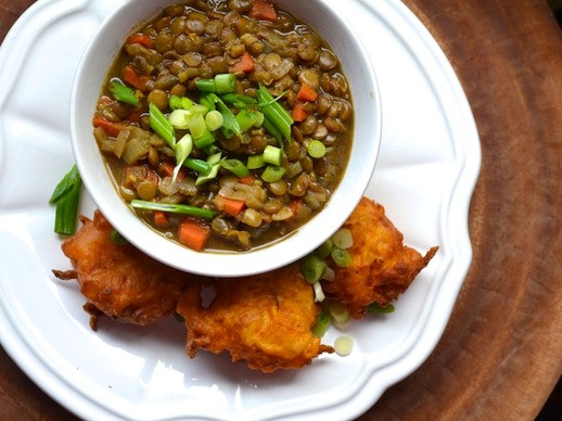 Curried lentil soup with savory sweet potato fritters