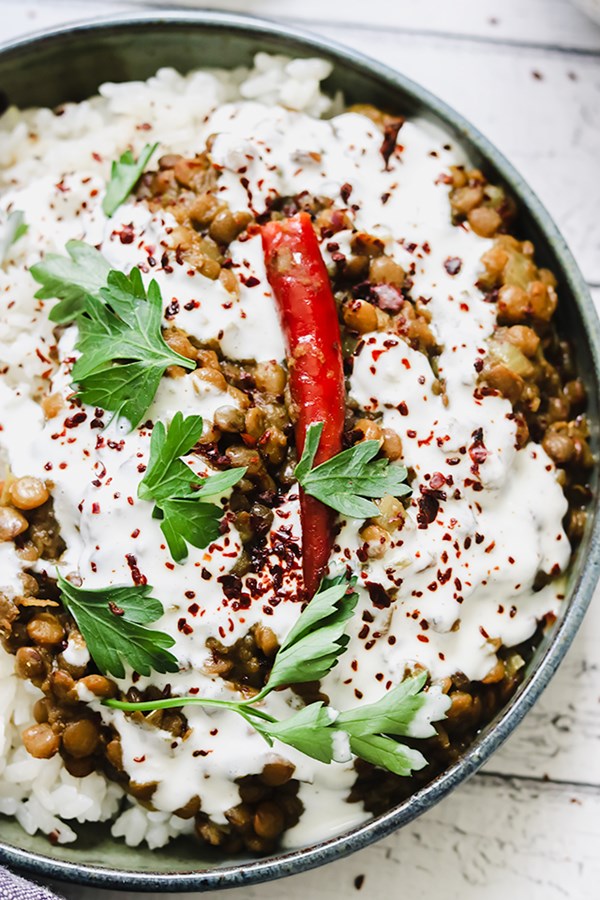 Curried lentils with garlicky yogurt and coconut rice