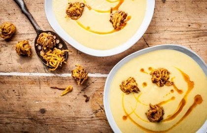 Curried parsnip and pear soup with mini bhajis
