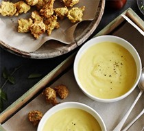 Curried parsnip soup with parsnip bhajis
