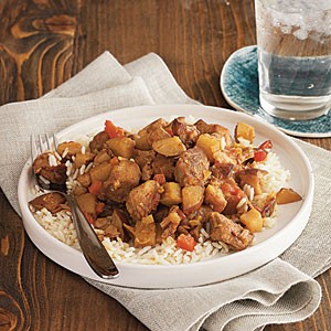 Curried pork over basmati rice