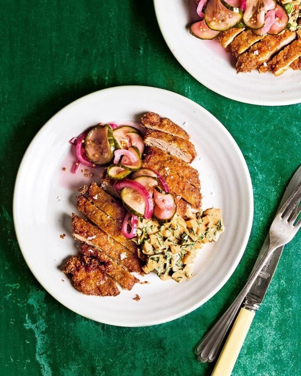 Curried pork schnitzel with devilled egg gribiche and pickles