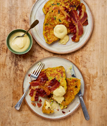 Curried potato farls with bacon and apple mustard
