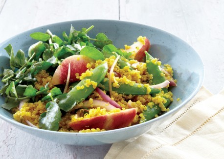 Curried quinoa salad with nectarines and sugar snap peas