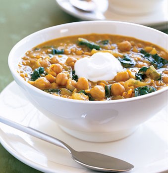 Curried red lentil and Swiss chard stew with garbanzo beans