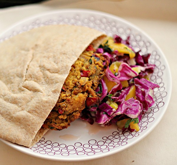 Curried red lentil burgers with mango slaw