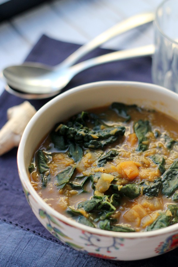 Curried red lentil, kale and sweet potato soup