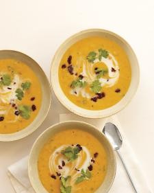 Curried red lentil soup with dried cherries and cilantro