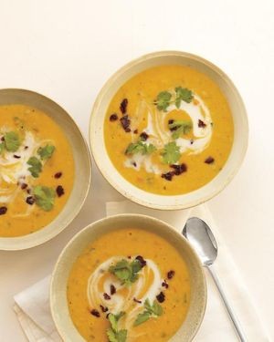Curried red-lentil soup with dried cherries and cilantro