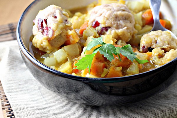 Curried root vegetable stew with dumplings
