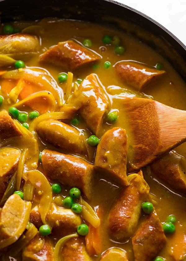 Curried sausages