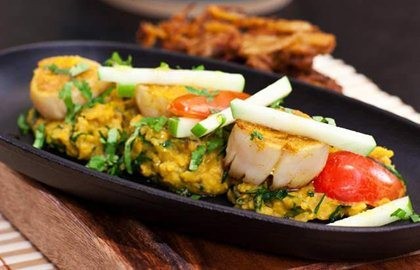 Curried scallops with coconut and coriander dahl and apple salad