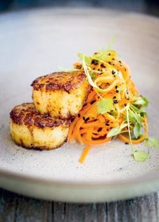 Curried scallops/Gujarati carrot salad