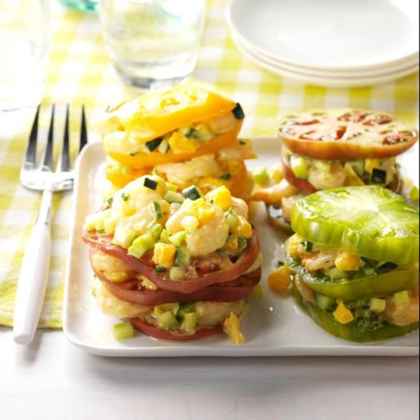 Curried shrimp-stacked tomatoes