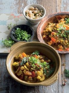 Curried soup with mixed sprouted beans (Quantee)