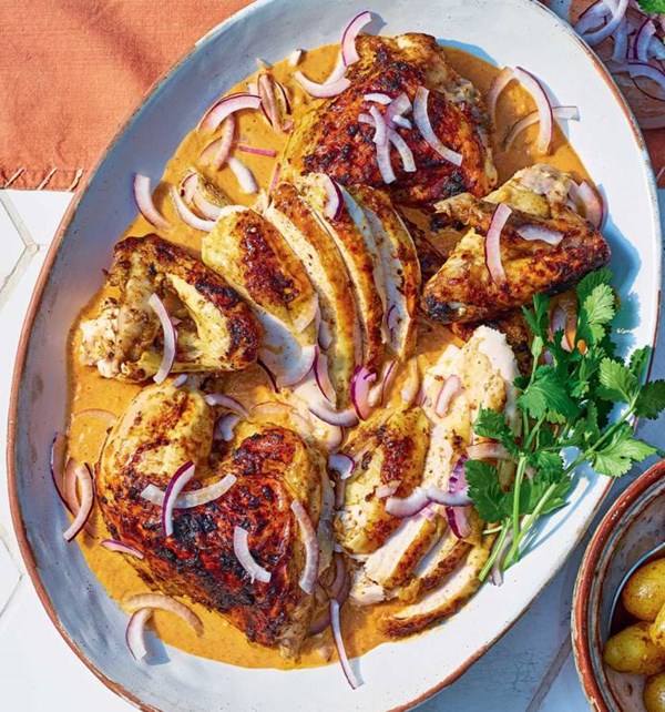 Curried spatchcock chicken and potatoes
