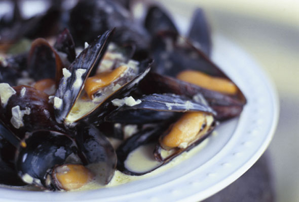 Curried steamed mussels