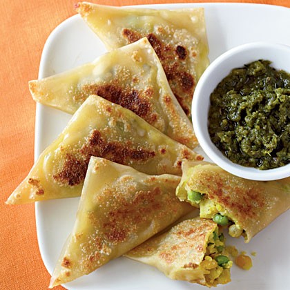 Curried vegetable samosas with cilantro-mint chutney