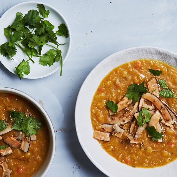 Curried yellow split pea soup with spiced coconut