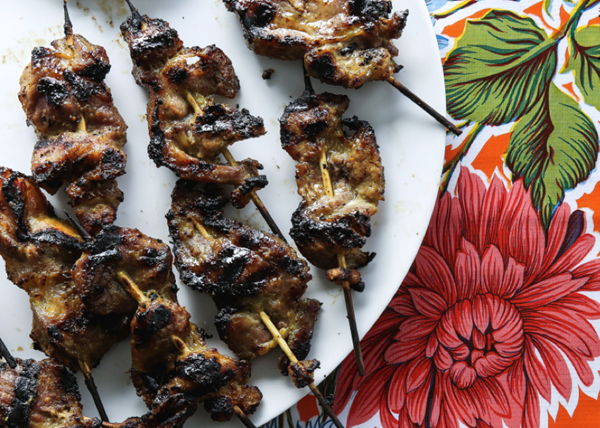 Curry-and-coconut-milk-grilled pork skewers